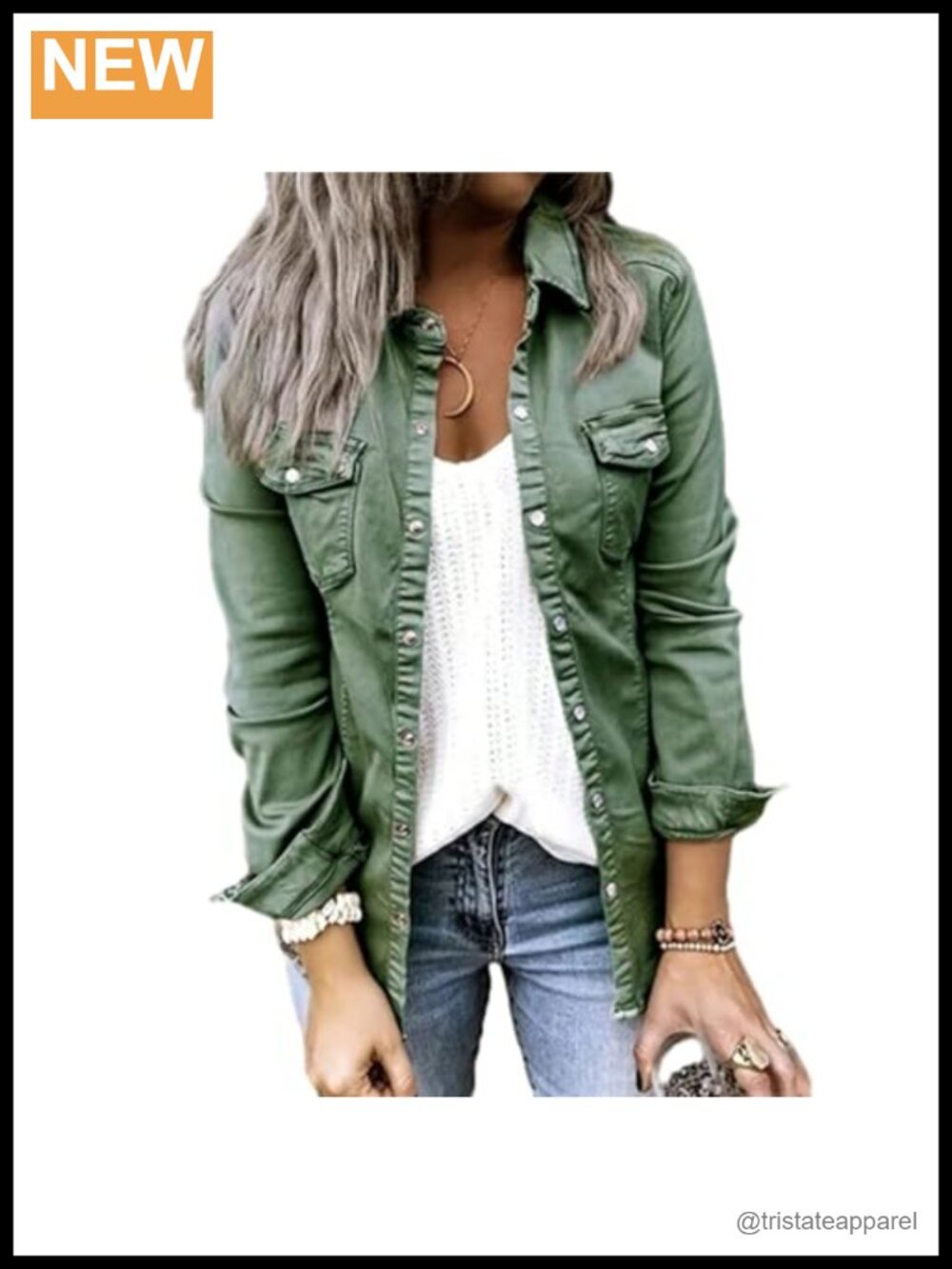 Women's Ruffled Denim Jean Shacket Oversized Long Sleeve Button Down